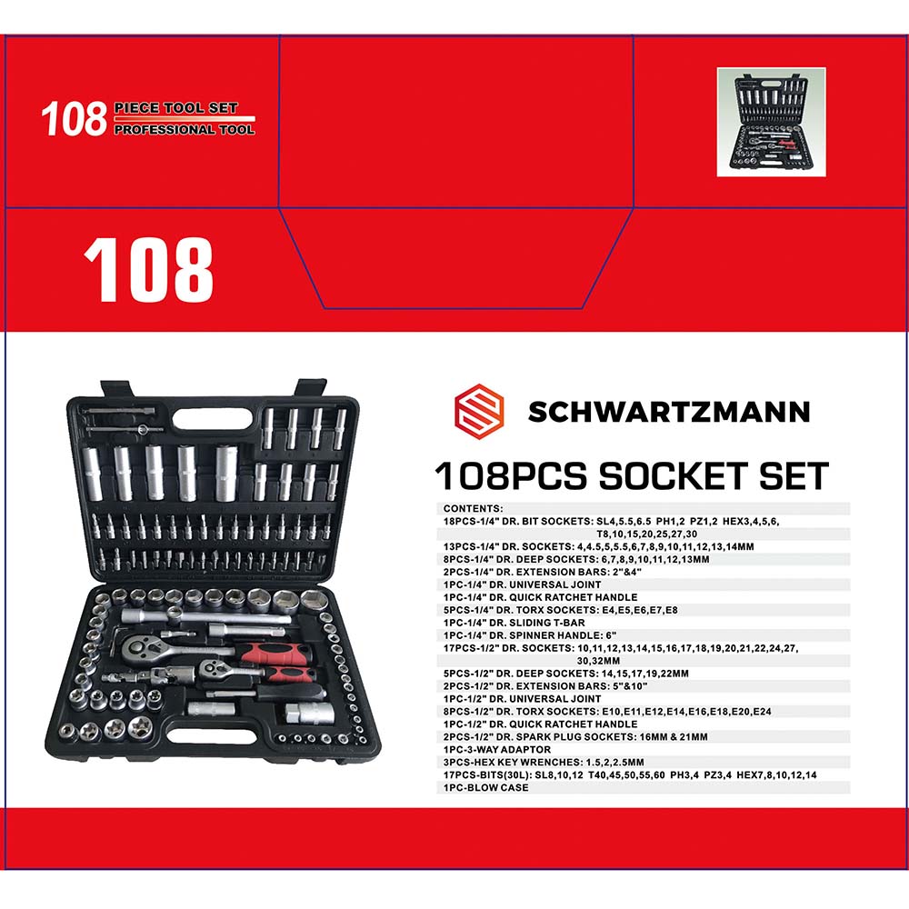 Schwarzmann SCH-108PCS Universal-Werkzeugsatz, 108 Ratsche, Steckschlüssel, kaufen Teile, 108-teilig, schwarz online Handwerkzeugset Knarren, Nusskasten, Set, Schwartzman Werkzeugkoffer