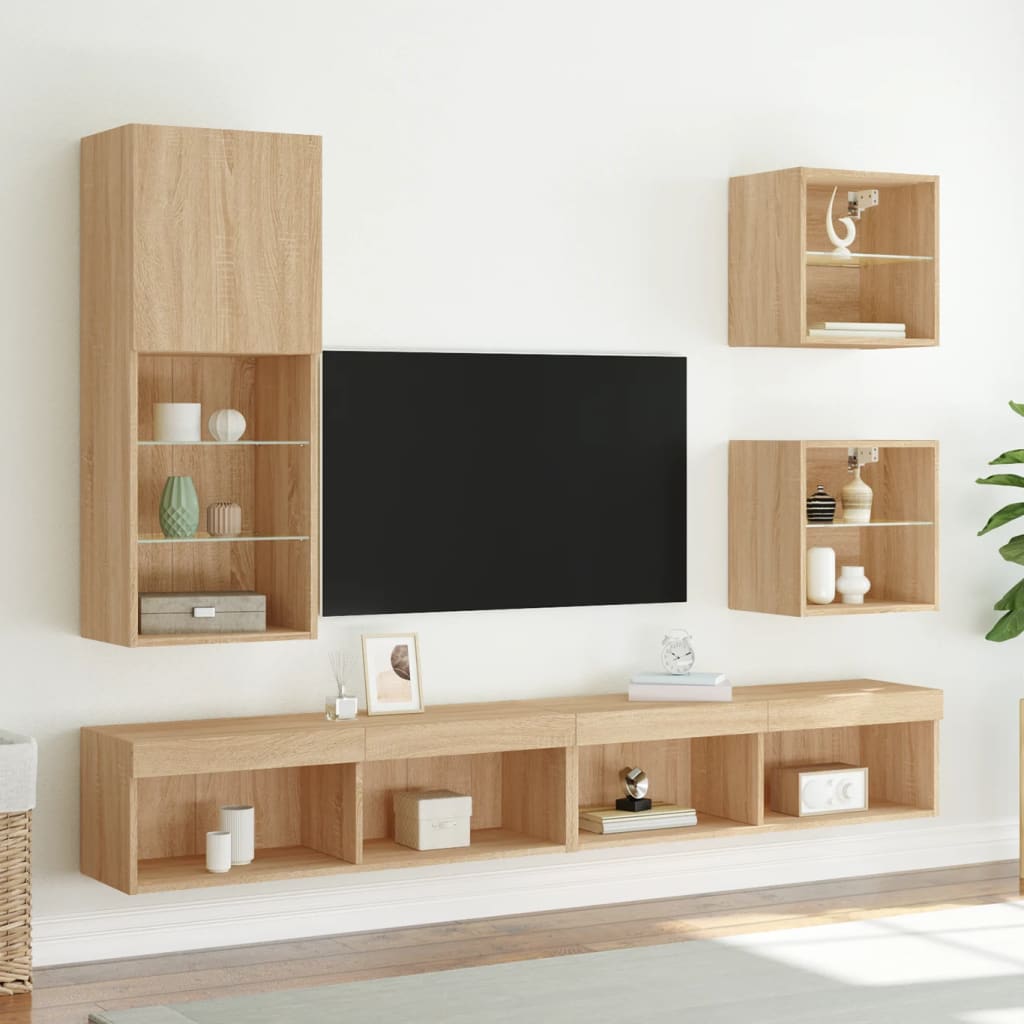 image.title -piece wall unit with LED lighting Sonoma oak wood-based material